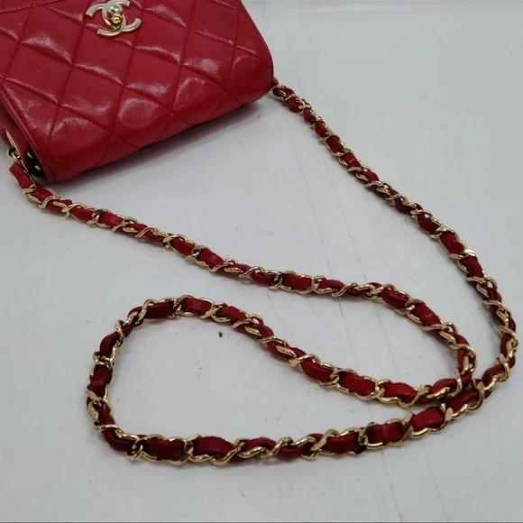 AUTH Chanel Quilted Lambskin 24K Gold Plated Mini Single Flap Bag Red